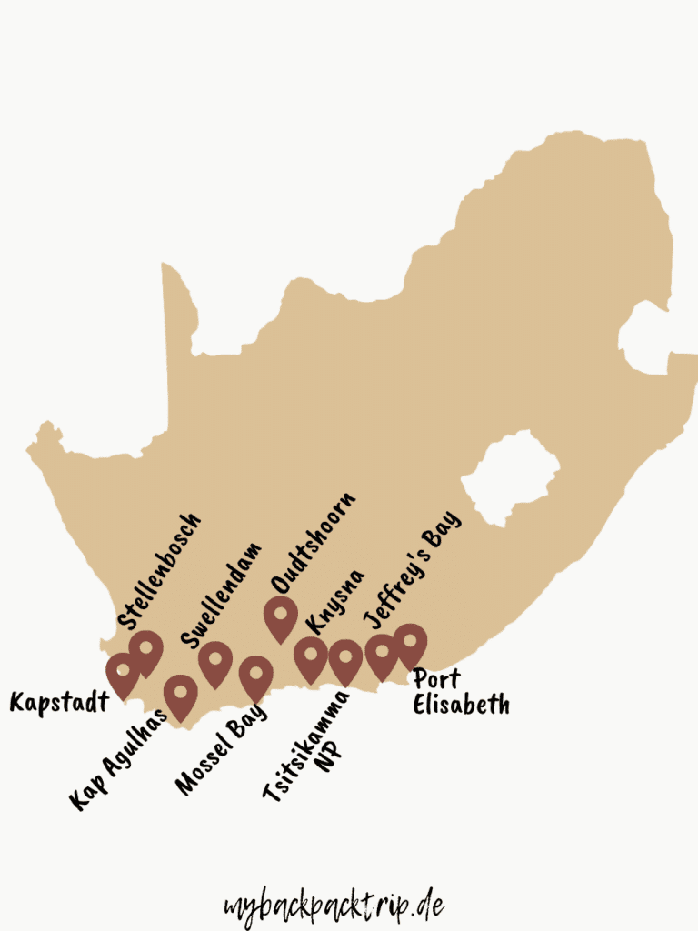 Karte mit der Gardenroute Südafrika: Rundreiseroute: Kapstadt, Stellebosch, Kap Agulhas, Swellendam, Oudtshoorn, Kynsna, Mossel Bay, Port Elisbeth