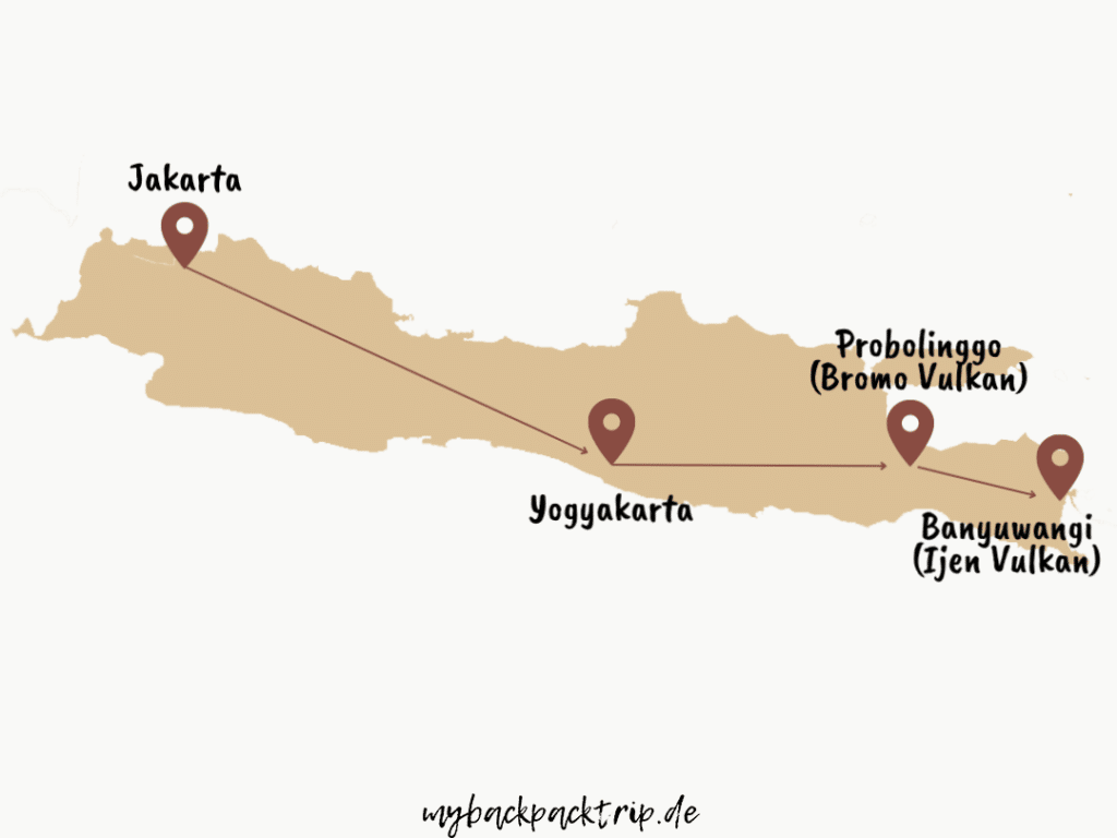 Karte mit einer Reiseroute über Java in Indonesien