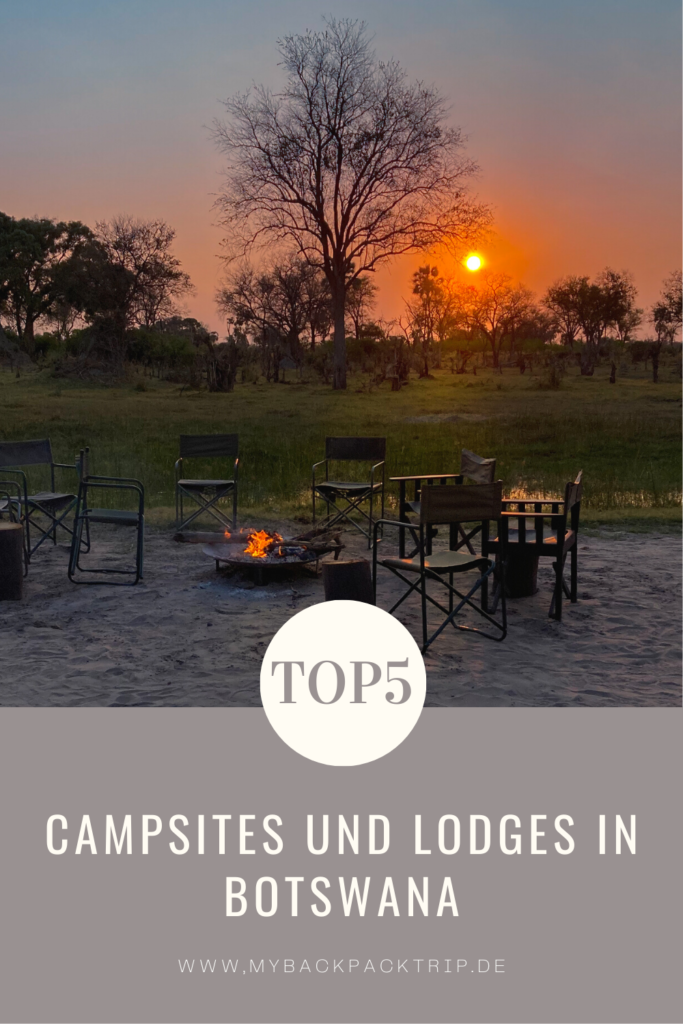 Lagerfeuer im afrikanischen Busch mit Hinweis auf tolle Campsites und Lodges in Botswana